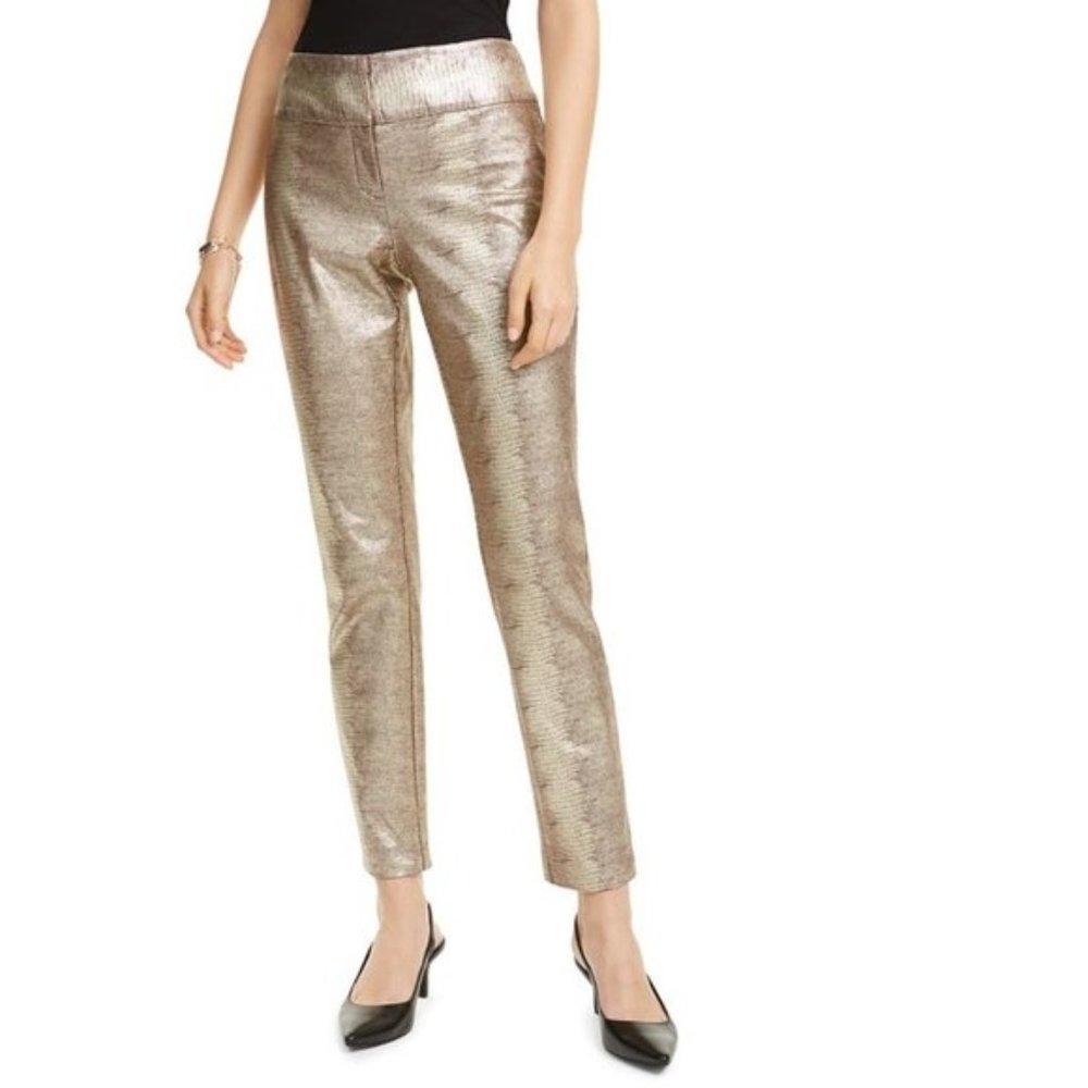 Alfani Tummy-Control Metallic Python-Print Gold Trouser